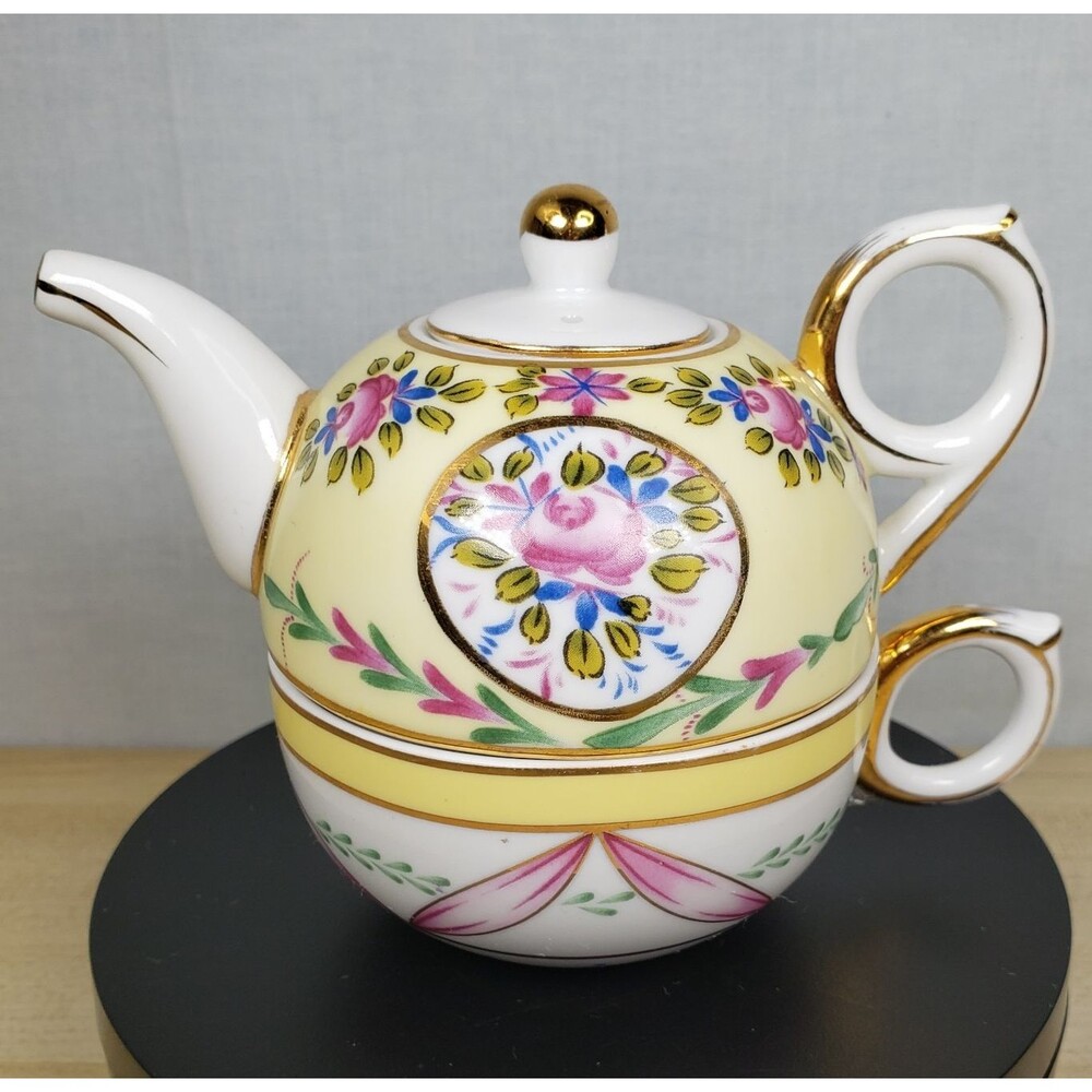 Vintage Nantucket Single Serve Teapot With Lid And Teacup Yellow Floral 4” Tall - Picture 3 of 16
